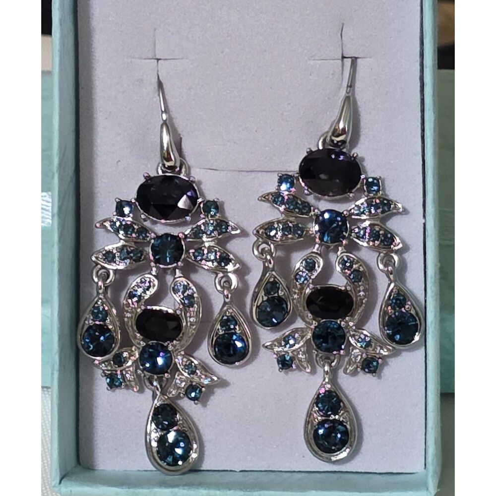 Vintage MONET Sapphire Blue Rhinestone Chandelier Earrings • Silver Tone Drop